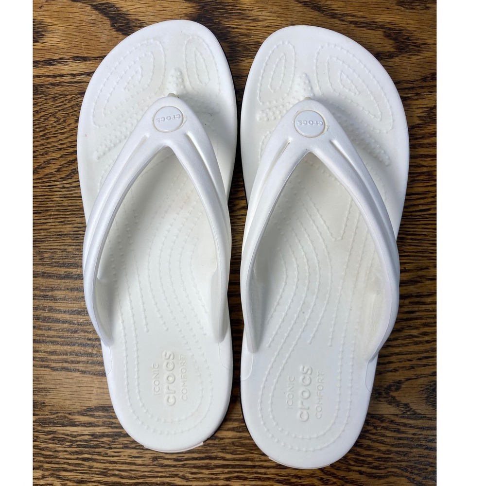 Crocs Crocband Flip White Black Women Size 7 Sporty Thong Sandals 11033 - Picture 2 of 7